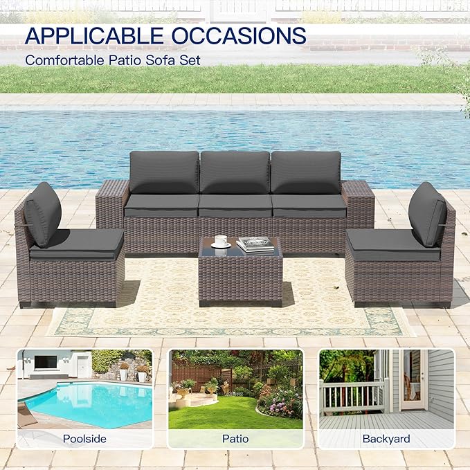 6 Pieces Patio Furniture Sets with Glass Tea Table,PE Rattan Wicker Patio Conversation Set with Washable Cushions,Outdoor Patio Sectional Furniture Set for Backyard, Poolside, Garden,Grey