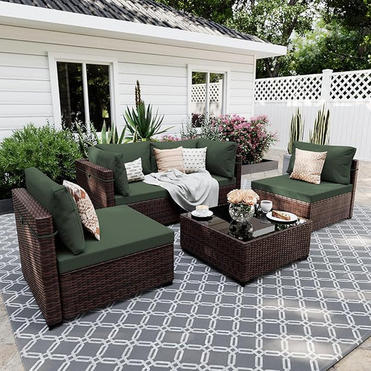 UPHA 5 Pieces Patio Furniture Sets, Wicker Outdoor Sectional Sofa Couch with Coffee Table, Patio Conversation Set for Deck Backyard Garden, Brown Rattan, Pine Green Cushion