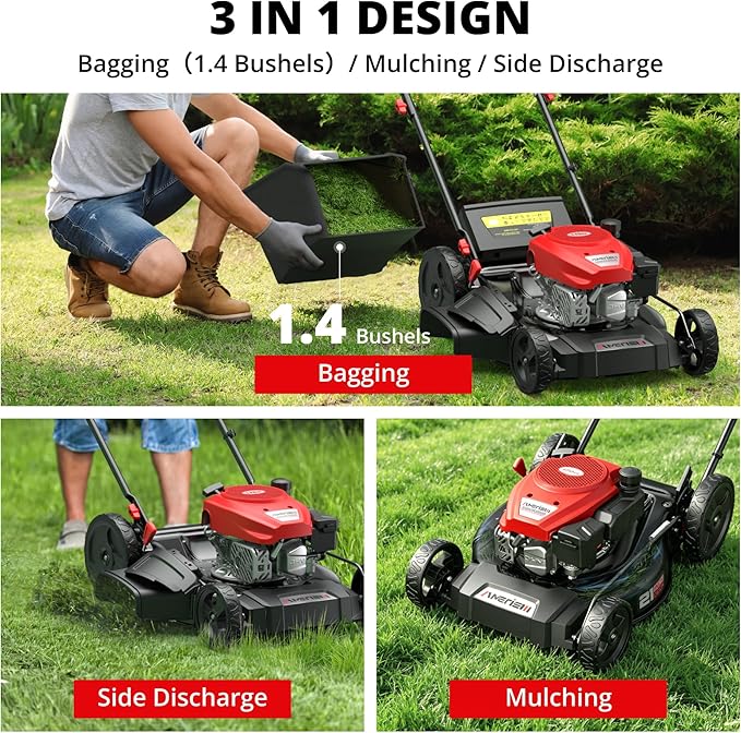 AMERISUN 21" Gas Lawn Mower, Self-propelled Lawn Mower 3-in-1, 170cc OHV Engine with Forced Air Cooling, 6 Cutting Heights, 1.4-Bushel Grass Catcher