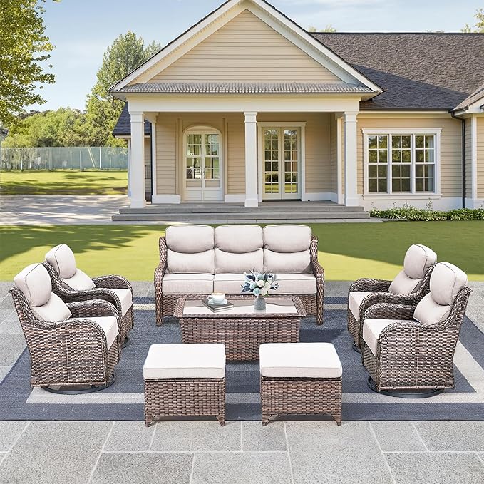 Luxury High Back Outdoor Furniture with 6-Inch Thick Cushions, Patio Furniture Set with Swivel Chairs, 8 PCS Wicker Conversation Set for Porch, Balcony, Deck and Yard