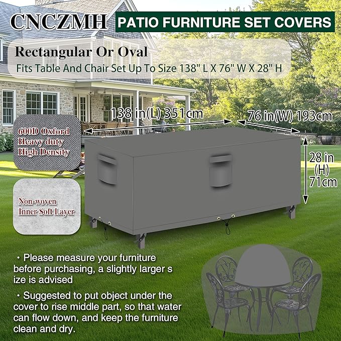 Heavy Duty Patio Furniture Covers Waterproof, 600D Outdoor Furniture Cover Waterproof for Sectional Sofa Couch, Outdoor Dining Table and Chair Set Covers 138''L x 76''W x 28''H, Grey