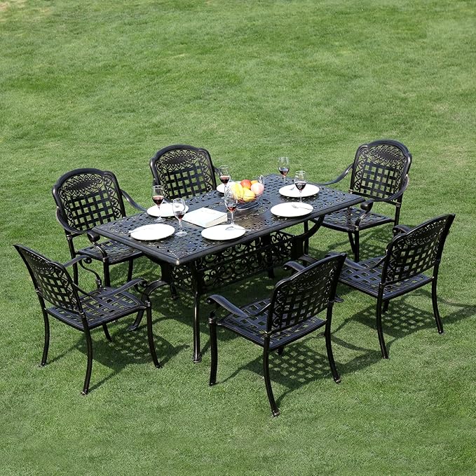 VIVIJASON 7-Piece Patio Furniture Dining Set, All-Weather Cast Aluminum Outdoor Conversation Set, Include 6 Chairs and a Rectangle Table with Umbrella Hole for Balcony Lawn Garden Backyard