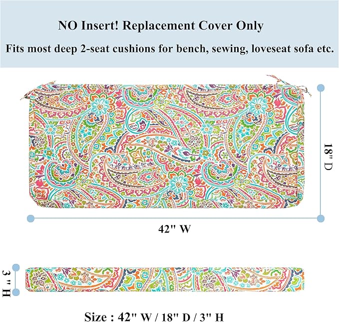 FUNHOME Outdoor Cushion Covers,42" x 18" x 3", No Insert! Patio Cushion Covers Replacement for Outdoor Furniture,Water Resistant Patio Bench Loveseat Covers 1 Pack, Melora Paisley(Covers ONLY)