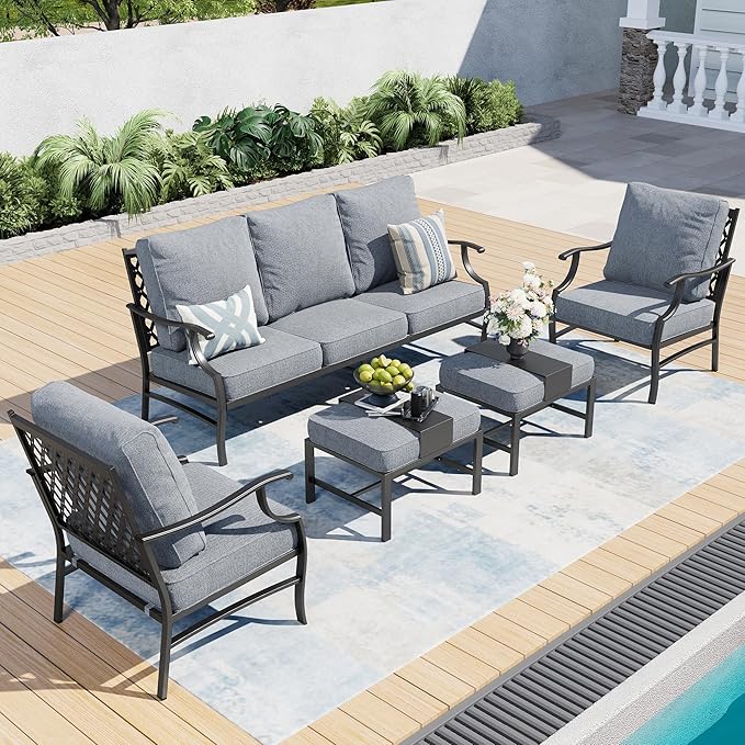5 Piece Metal Outdoor Patio Furniture Set, Patio Conversation Sets 1 3-seater Sofa, 2 Fixed Chair, 2 Ottomans with 5.75" Thick Cushion, Black All-weather Frame Backyard Furniture, Gray