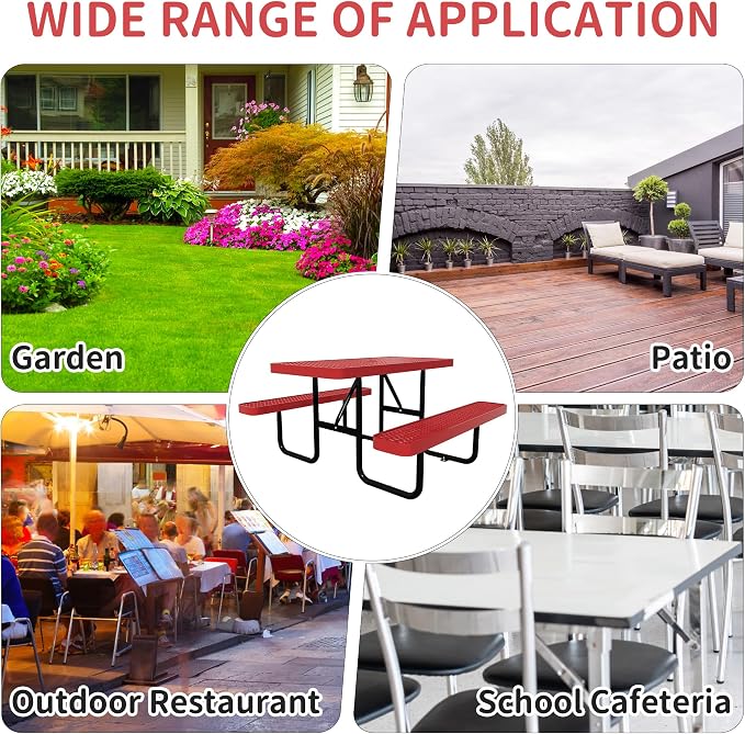 Picnic Tables for Outdoors,Commercial Metal Picnic Table Bench Set with Umbrella Hole,School Canteen Tables W/Seats - Heavy Duty Sturdy Picnic Tables Furniture for Patio Garden (Red, 6FT)
