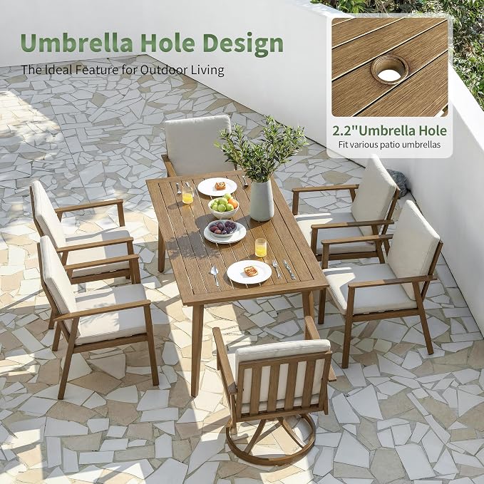 7 Pieces Patio Dining Set for 6, Aluminum Outdoor Dining Table Sets with Umbrella Hole, Modern Outdoor Furniture Set with 2 Swivel Chairs, 4 Dining Chairs and Table for Backyard Poolside,Teak