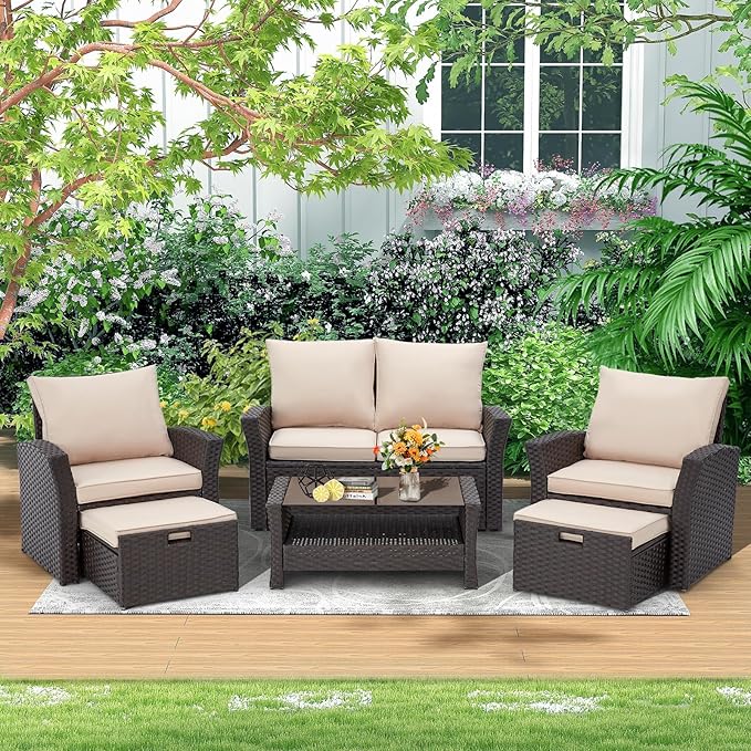HOMREST 6 Piece Patio Conversation Set, Outdoor Sectional Conversation Rattan Sofa Set with Ottoman and Outdoor Storage Table for Garden, Porch, Backyard (Khaki)