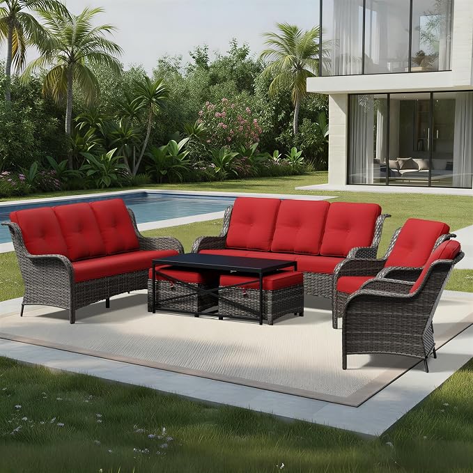 Joyside 7 Piece Wicker Patio Furniture Set, Rattan Patio Chairs with High Back, Deep Seating, Wide Armrest, Thickened Cushions, Outdoor Furniture for Deck, Porch Use