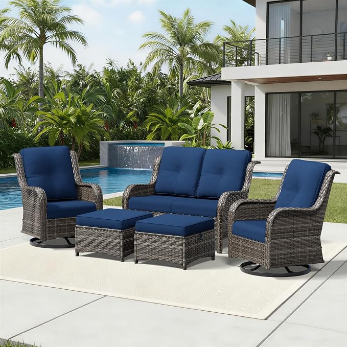 Joyside 5 Piece Wicker Patio Furniture Set, Outdoor Swivel Rocker Patio Chairs with High Back, Deep Seating, Wide Armrest, Thickened Cushions, Outdoor Furniture for Deck, Porch Use