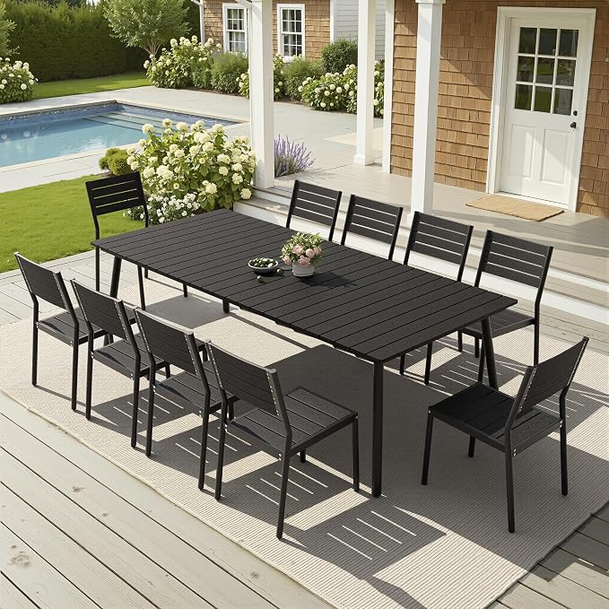 11-Piece Outdoor Dining Set for 10 Person with Black Wood-Grain Top | Armless Stackable Chairs with 19.4" Seat Depth, Aluminum Frame Dining Furniture with Umbrella Hole for Deck, Porch & Backyard