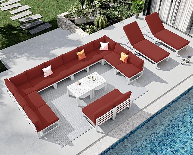 NICESOUL 16 Piece Modern Aluminum Outdoor Patio Furniture Set with Chaise & Coffee Table, Extra Large All-Weather Modular Sectional Couch, 29" Wide Deep Seating Conversation Sofa for Poolside, Red