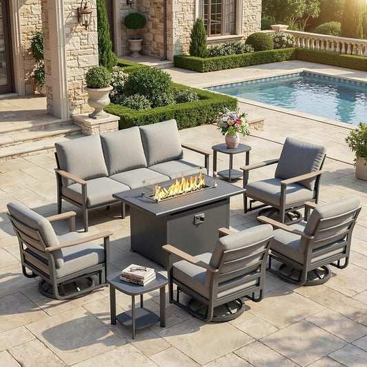 Aluminum Outdoor Patio Furniture Set, 8-Piece Sectional Sofa with 5.1" Thick Cushions, 4 Swivel Rocking Chairs, 55,000 BTU Propane Fire Pit Table, Outdoor Couch for Backyard, Deck, Gray