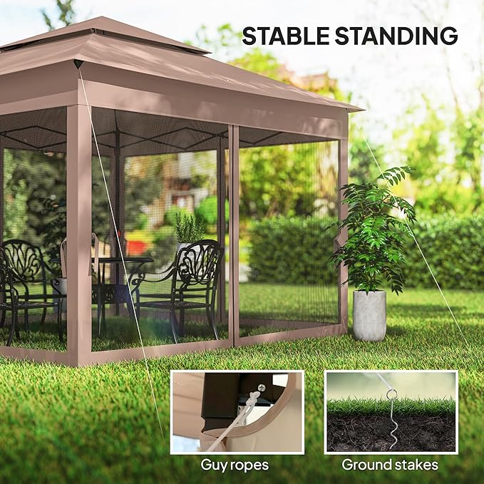 Outsunny 11' x 11' Pop Up Canopy, Outdoor Patio Gazebo Shelter with Removable Zipper Netting, Instant Event Tent w/ 114 Square Feet of Shade and Carry Bag for Backyard, Garden, Brown