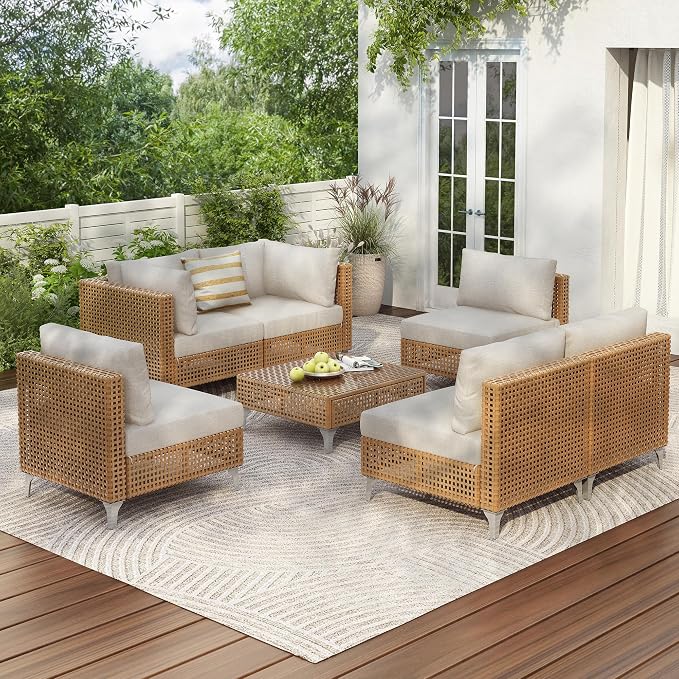 7-piece Wicker Patio Furniture Set, Outdoor Conversation Set Sectional Sofa with Water Resistant Beige Thick Cushions and Coffee Table for Outdoor Couch, Porch, Backyard - Beige
