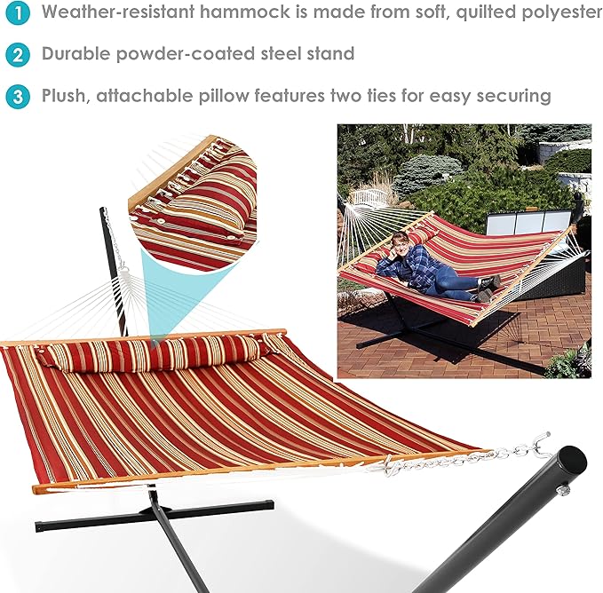 Sunnydaze Quilted Double Hammock with Stand for Outside - 400-Pound Capacity 2-Person Hammock with Stand - 15-Foot Stand - Red Stripe