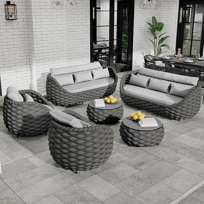 Lanai Outdoor Furniture Sofa Set: 6-Piece Aluminum Woven Rope Patio Conversation Set w/Table - Modern Cushions Couch Set - No Assembly Porch Seating for Deck Yard Garden Pool Hotel Resort
