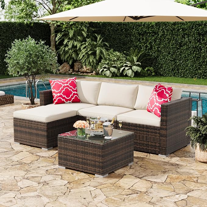 GarveeHome 5 Pieces Patio Sectional Furniture Set, All Weather Wicker Rattan Sectional Sofa, Patio Conversation Set with Cushions and Glass Coffee Table for Backyard Porch Garden Balcony, Beige