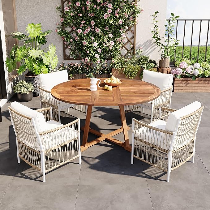 Modern 5-Piece Outdoor Patio Dining Set, All-Weather Acacia Wood Extendable Round Dining Table with 12inch Butterfly Leaf and 4 Rattan Arm Chairs for Backyard, Garden, Poolside