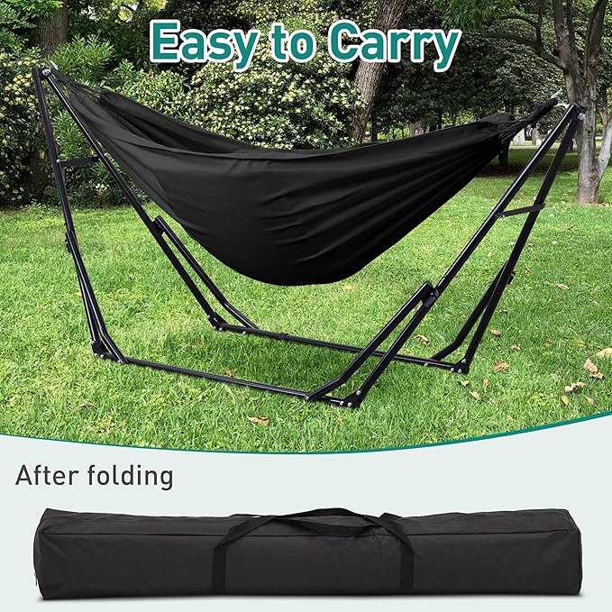 Ainfox Hammock with Foldable Stand, 2 in 1 Hammock and Swinging Chair with Carrying Bag, Portable Camping Chair Suitable for Outside, Swing,Patio,Garden,Camping Trip Black