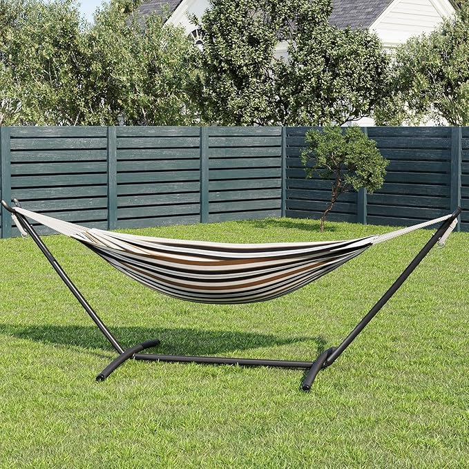 Double Hammock with Stand for 2, Heavy Duty 350 Lb Capacity Portable Rope Hammock for Indoor & Outdoor Use, Includes Padded Mat and Pillow, Tool-Free Easy Assembly, Light Blue