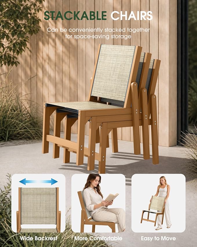 HDPE Outdoor Patio Dining Set with Table & 4 Stackable Armless Textilene Chairs, All-Weather 5-Piece Dining Table Set with Umbrella Hole, Patio Furniture for Garden, Poolside, Backyard, Deck | Teak