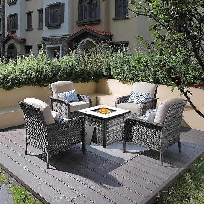 ovios 5-Piece Patio Furniture Set, Outdoor Wicker Sofa with Chairs Fire Pit Table, High Back Rattan Chair with Comfy Cushions for Porch Yard Deck, Beige