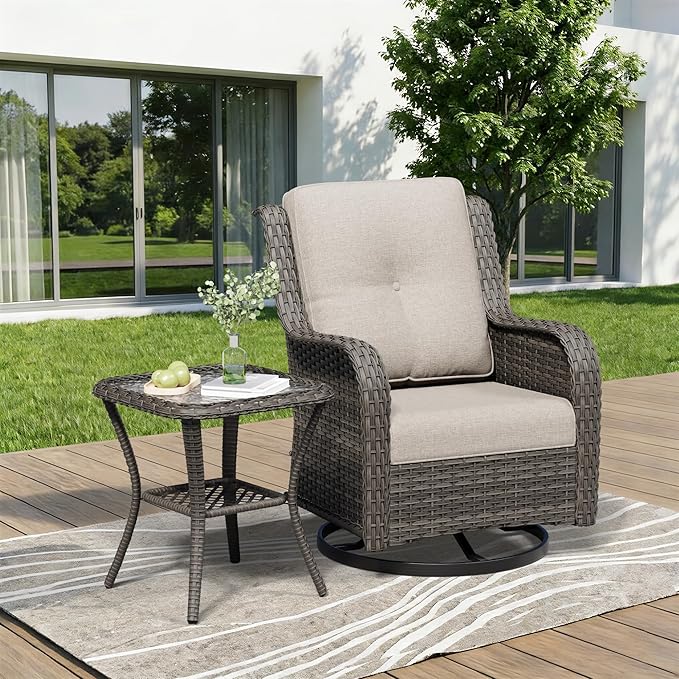 2 Pieces Outdoor Swivel Rocker Patio Chairs Set - Outdoor Wicker Patio Furniture Sets with 1 Side Table, Olefin Fabric Cushions Suitable for Backyard Deck and Porch, Beige