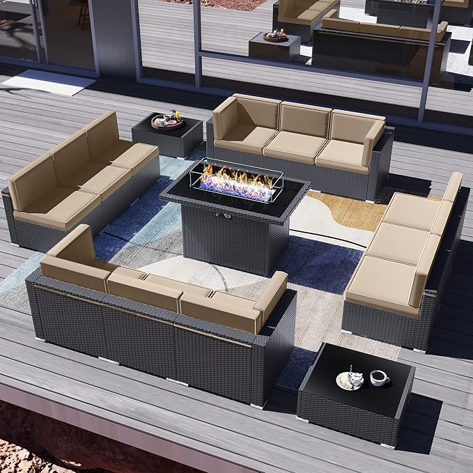 15 Pieces Patio Furniture Set with 44" Propane Gas Fire Pit Table, Outdoor Sectional Wicker Conversation Sofa Sets with Coffee Table
