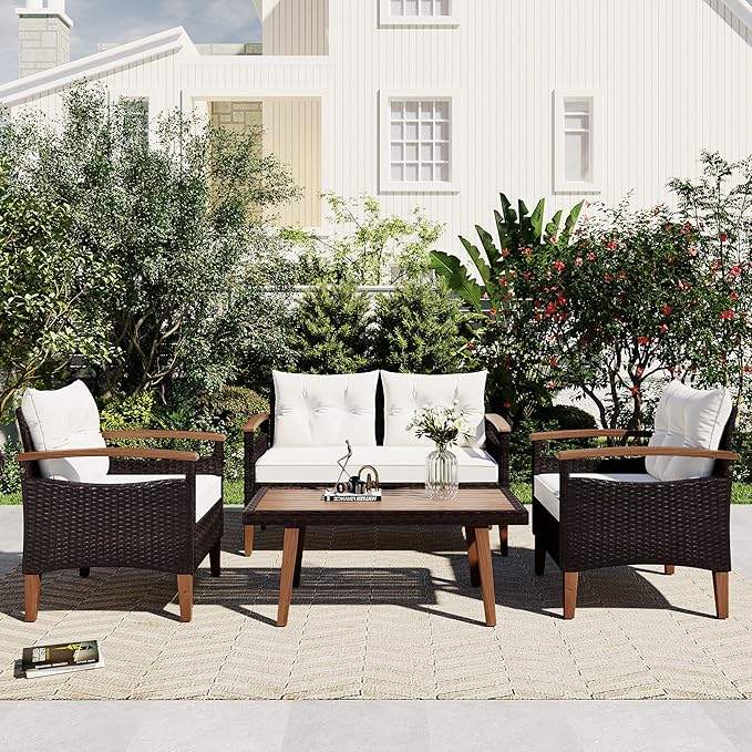 LUMISOL 4 Piece Patio Conversation Set Rattan Chair Set Outdoor Furniture Set with Cushions and Coffee Table for Backyard Porch Poolside, 4-Piece Wicker Patio Furniture Set (Beige)
