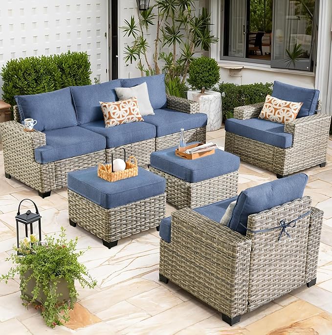 Patio Furniture Sets 7 Pieces Outdoor Sectional Rattan Sofa Manual Weaving Wicker Patio Conversation Set with Ottomans and T Cushion(Light Blue)