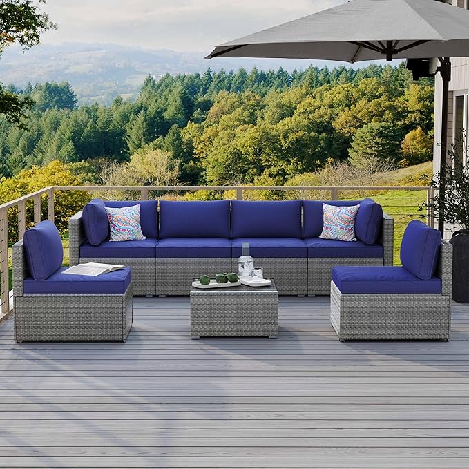 7-Piece Outdoor Patio Furniture Set – Handwoven All-Weather Rattan & 4” Thick Waterproof Cushions, Wicker Outdoor Conversation Sets with Coffee Table for Deck, Backyard, Garden, Blue/Grey