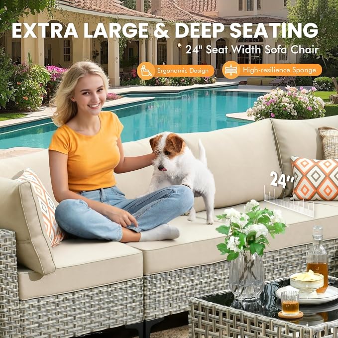 Outdoor Sectional Patio Furniture Set with Swivel Rocking Chairs,10 Pieces Wicker Conversation Sets L Shaped Couch Out Door Sofa Set Outside Furniture for Garden Deck Yard Porch,Beige