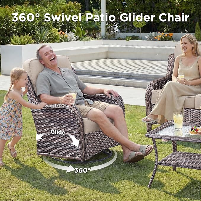 Luxury 6 Pieces Outdoor Patio Furniture Set-All Weather Wicker Outdoor Furniture with Swivel Rocker Patio Chairs 6-inch Extra Thick Cushions Wicker Conversation Set for Deck Garden(Brown/Beige)