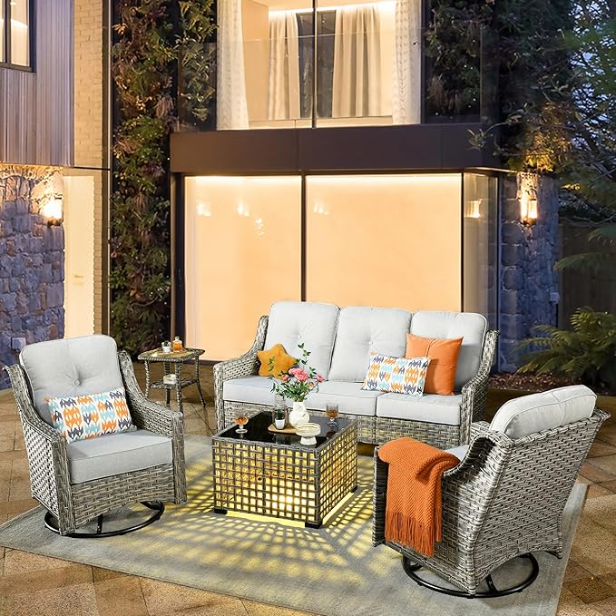 HOOOWOOO Patio Furniture Set,5 Pieces Wicker Outdoor Furniture,High Back Conversation Set with All Weather Resistant Solar Light Table Couch Swivel Chairs,Light Gray