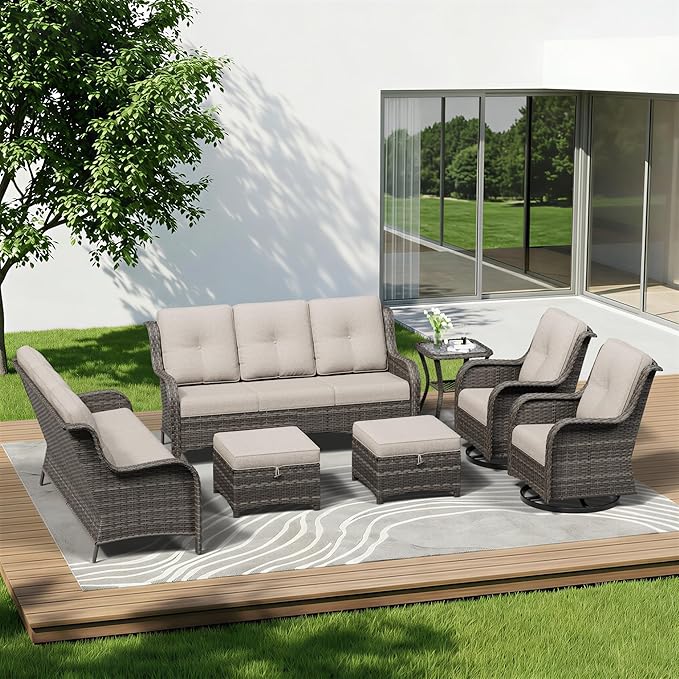 7 Piece Outdoor Wicker Patio Furniture Set, Outdoor Swivel Rocker Patio Chairs Set with Thickened Olefin Cushions, High Back and Deep Seating, Hand-Woven PE Rattan for Porch, Deck