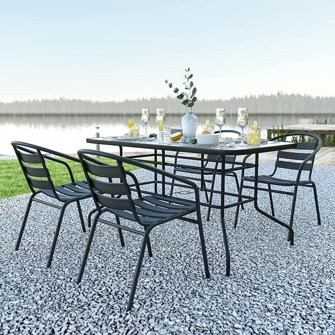EMMA + OLIVER Patio Table & Chairs Set - Rectangular Metal Table with Tempered Glass Top - 4 Black Aluminum Stacking Chairs - All Weather for Indoor/Outdoor Use