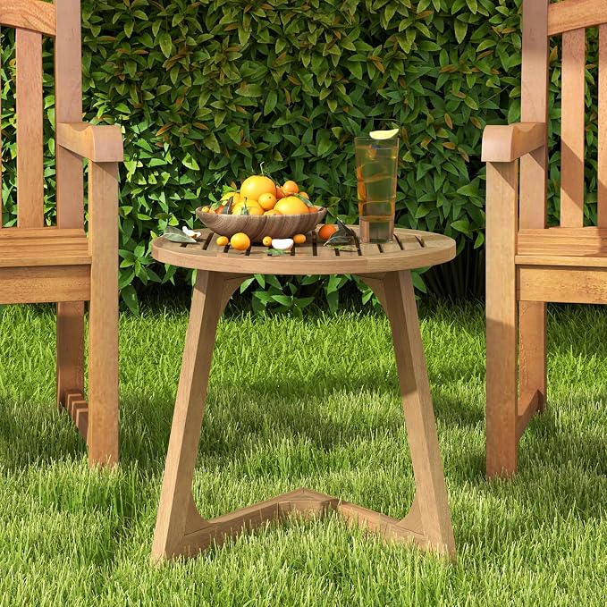 Giantex Teak Wood Outdoor Side Table, Round Patio End Table with Slatted Tabletop, Waterproof Sofa and Couch Side Table for Porch, Poolside, Living Room, Small Spaces, Easy Assembly, Natural
