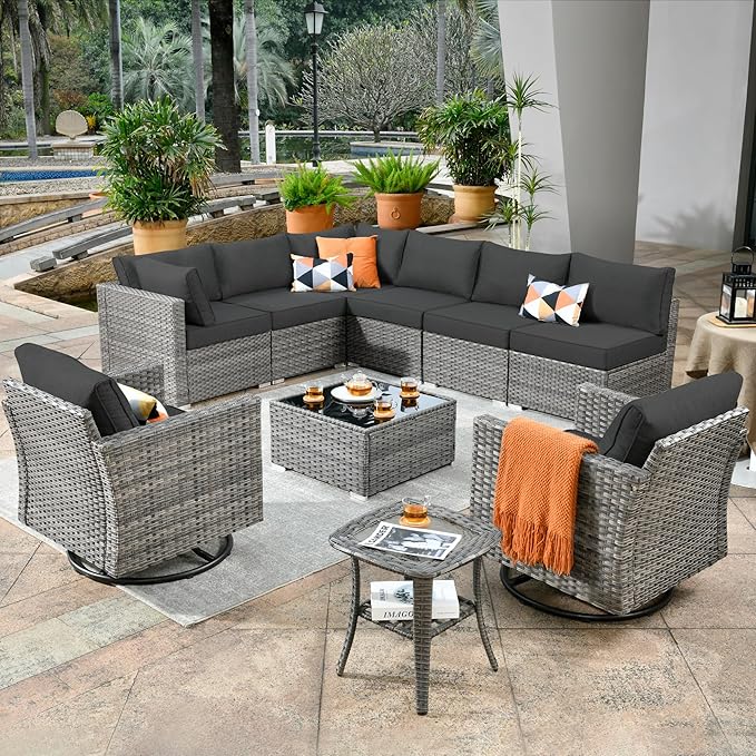 ovios Outdoor 10 Piece Coversation Set with Swivel Rocking Chair,Sectional Patio Furniture Set with All-Weather Wicker Sofa,Modern Outside Couch for Balcony Backyard Pool, Black