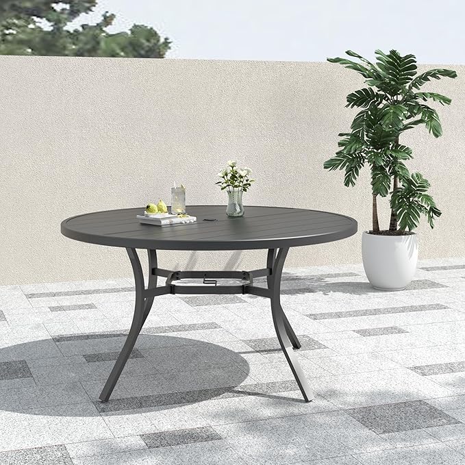 Anmutig Outdoor 54" Round Patio Table and Chairs Dining Set for 6 Person, Stackable Chairs with Beige Textilene, Armrest