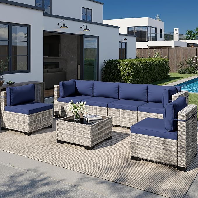 7-Piece Outdoor Patio Furniture Set, PE Wicker Rattan Sectional Sofa Conversation Set with Tempered Glass Table & Thick Cushions - All-Weather Garden, Backyard Furniture, Navy Blue