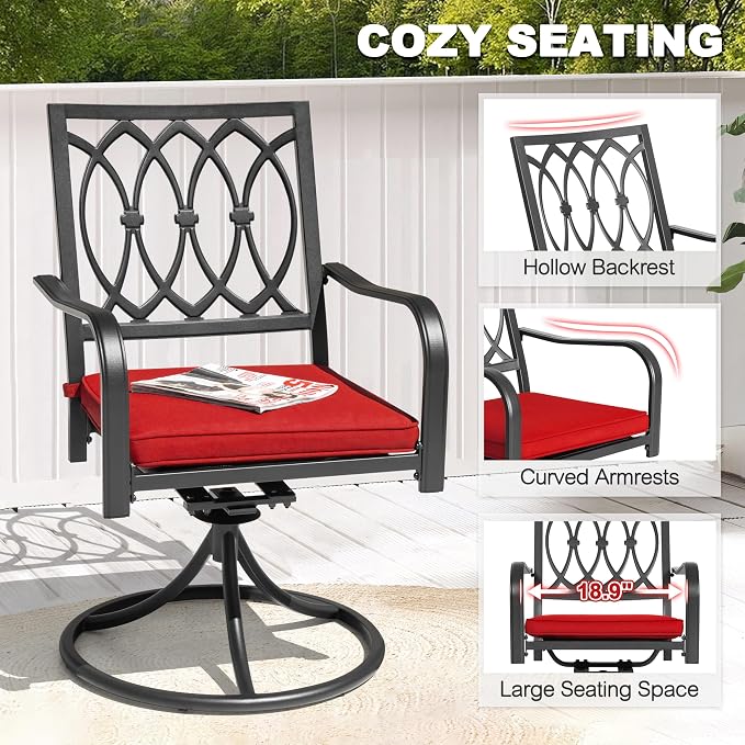 NUU GARDEN Outdoor 7 Piece Patio Dining Set, 6 Swivel Chairs with Red Cushions and 61'' x 37'' Rectangle Table with Umbrella Hole, Outdoor Dining Furniture Set for Garden, Lawn, Balcony, Black