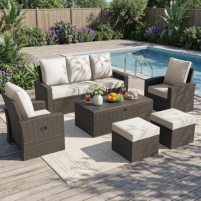 Outdoor Patio Furniture Set, 6 Piece Outdoor Wicker Rattan Sectional Sofa Conversation Sets with Adjustable Recliner Chairs, and Storage Coffee Table for Garden Porch Deck,White