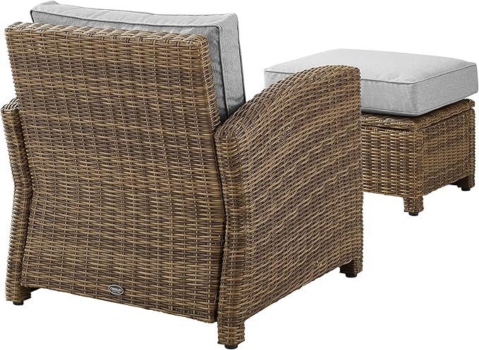 Crosley Furniture Bradenton 2-Piece Outdoor Chair and Ottoman Set, Wicker Patio Conversation Sets for Porch, Brown with Gray Cushions