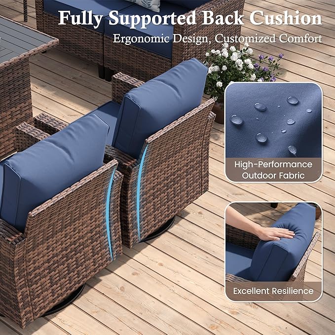Amopatio Patio Furniture Set, 5-Piece Wicker Outdoor Sectional Sofa with Swivel Rocker Chairs, Rattan Conversation Set with Storage Coffee Table and Waterproof Cover for Backyard Brown/Navy