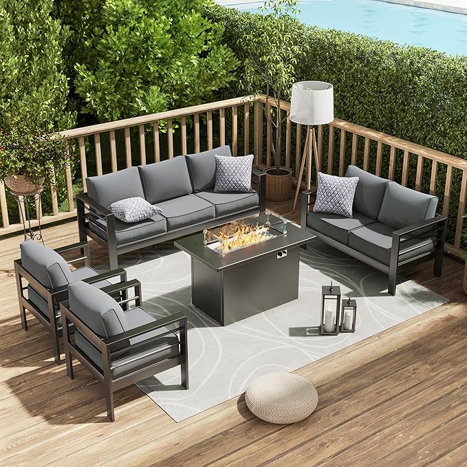 Amopatio Patio Furniture with Fire Pit, 8 Pcs Aluminum Outdoor Metal Patio Sofa Set with Aluminum Fire Pit Table,Dark Grey(Included Waterproof Covers)