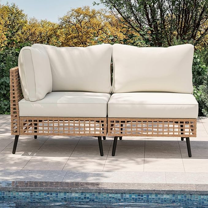 LAUSAINT HOME 2 Pieces Outdoor Sectional Sofa Set, All-Weather PE Wicker Rattan Patio Conversation Set with Thick Cushions & Coffee Table, Patio Furniture Set for Garden, Backyard, Porch (Beige)