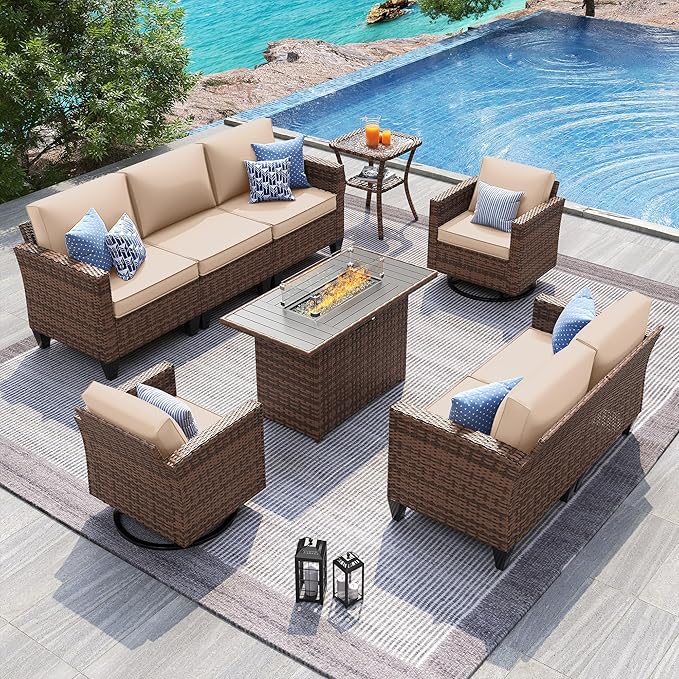 UDPATIO Patio Furniture Set with Fire Pit Table, Rocking Swivel Chairs, 6 Pieces Outdoor Conversation Sets, All-Weather Wicker Outdoor Sectional Sofa with Waterproof Cover, 4'' Thickened Cushion