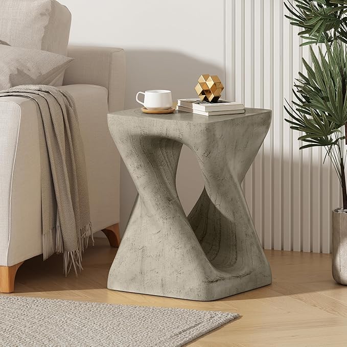 Faux Concrete Side Table Outdoor Faux Stone End Table, Round Outdoor Accent Table, Garden Stool Plant Stand for Porch, Backyard - Grey