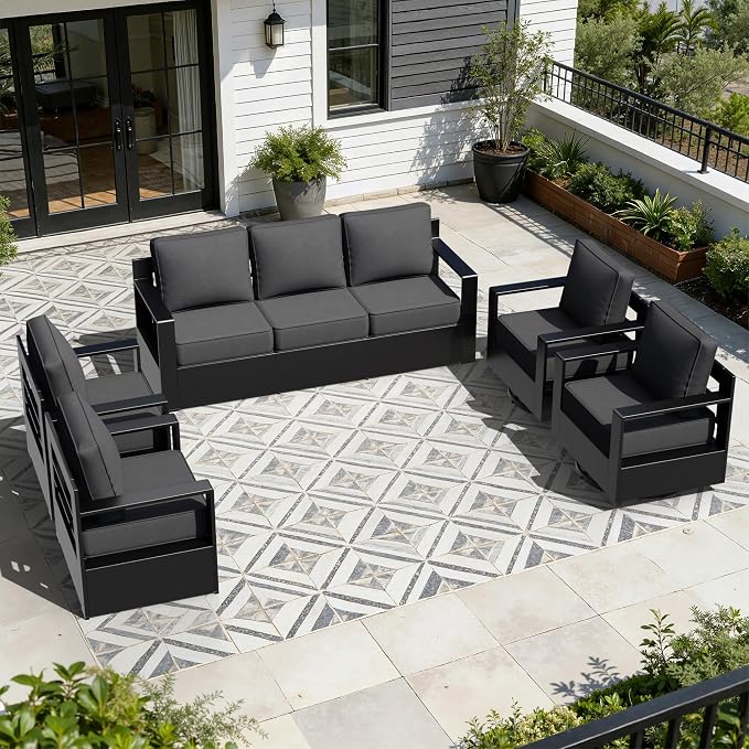 Outdoor Aluminum Furniture Set, 5-Piece Patio Conversation Set, 2 Swivel Chairs, 2 Chairs and 1 Sofa, All-Weather Metal Frame, 6" Thick Removable Cushions, Deep Setting for Garden and Porch, Grey