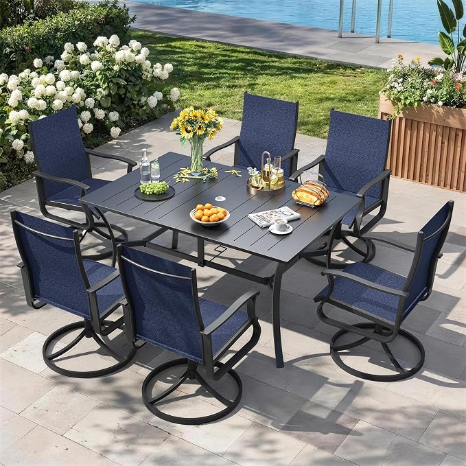 7 Pieces Patio Dining Set, Patio Outdoor Furniture Set of 6 Patio Swivel Dining Chairs and Patio Spliced Rectangular Tabletop with Umbrella Hole, for Deck, Backyard, Poolside & Garden